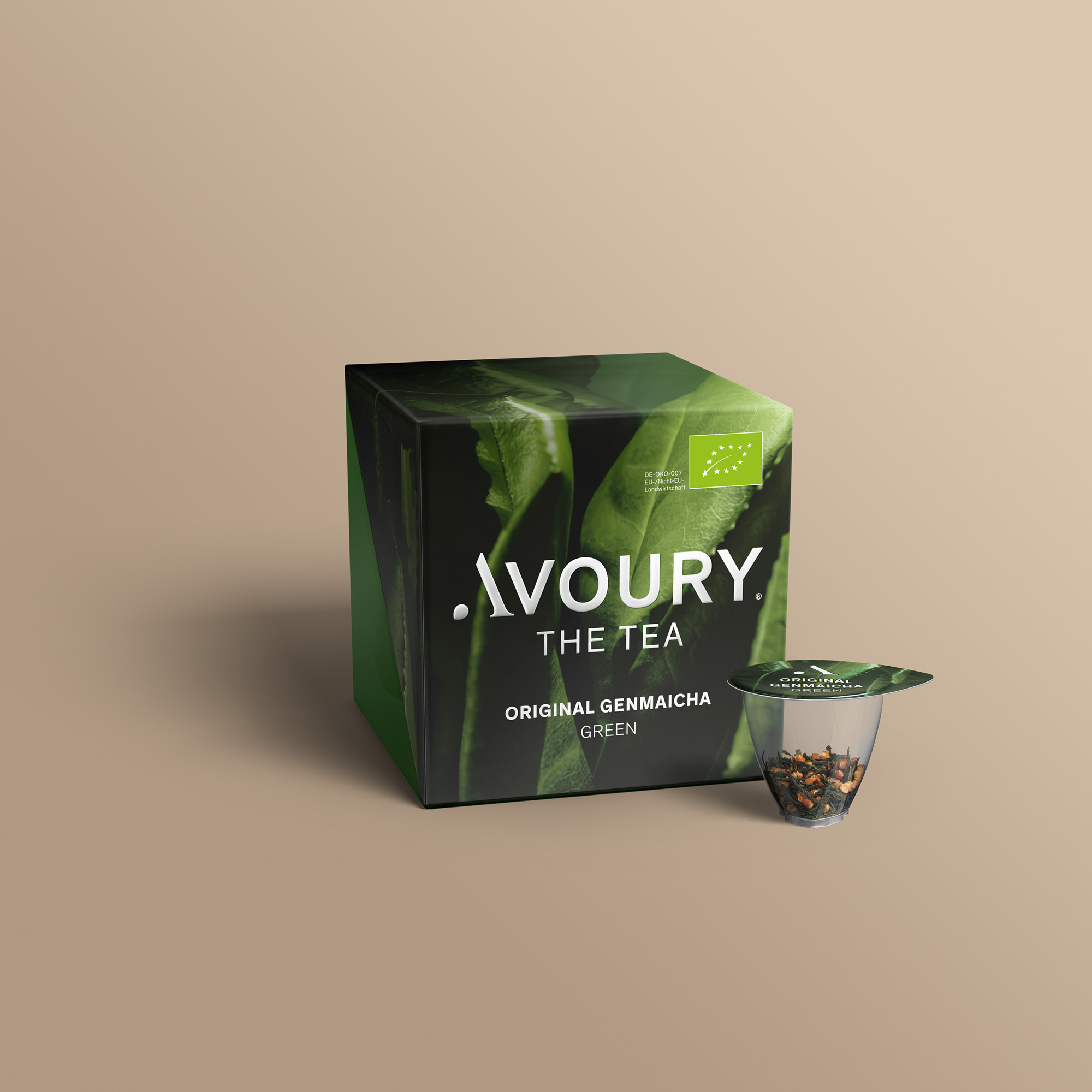 Avoury Original Genmaicha  Teeverpackung mit Kapsel in 3D-Ansicht